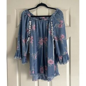 Ali Miles Off The Shoulder Floral Chambray Tunic XL Rope Tie Fray Hem Cottage